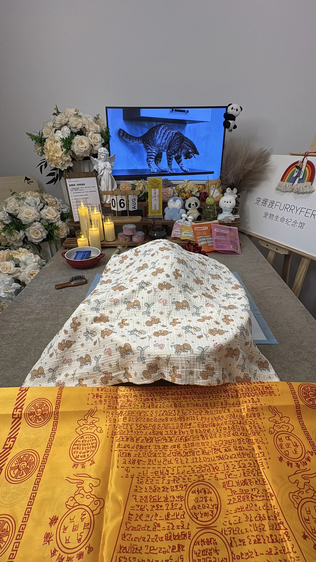重庆宠物告别仪式中的鲜花与纪念照片